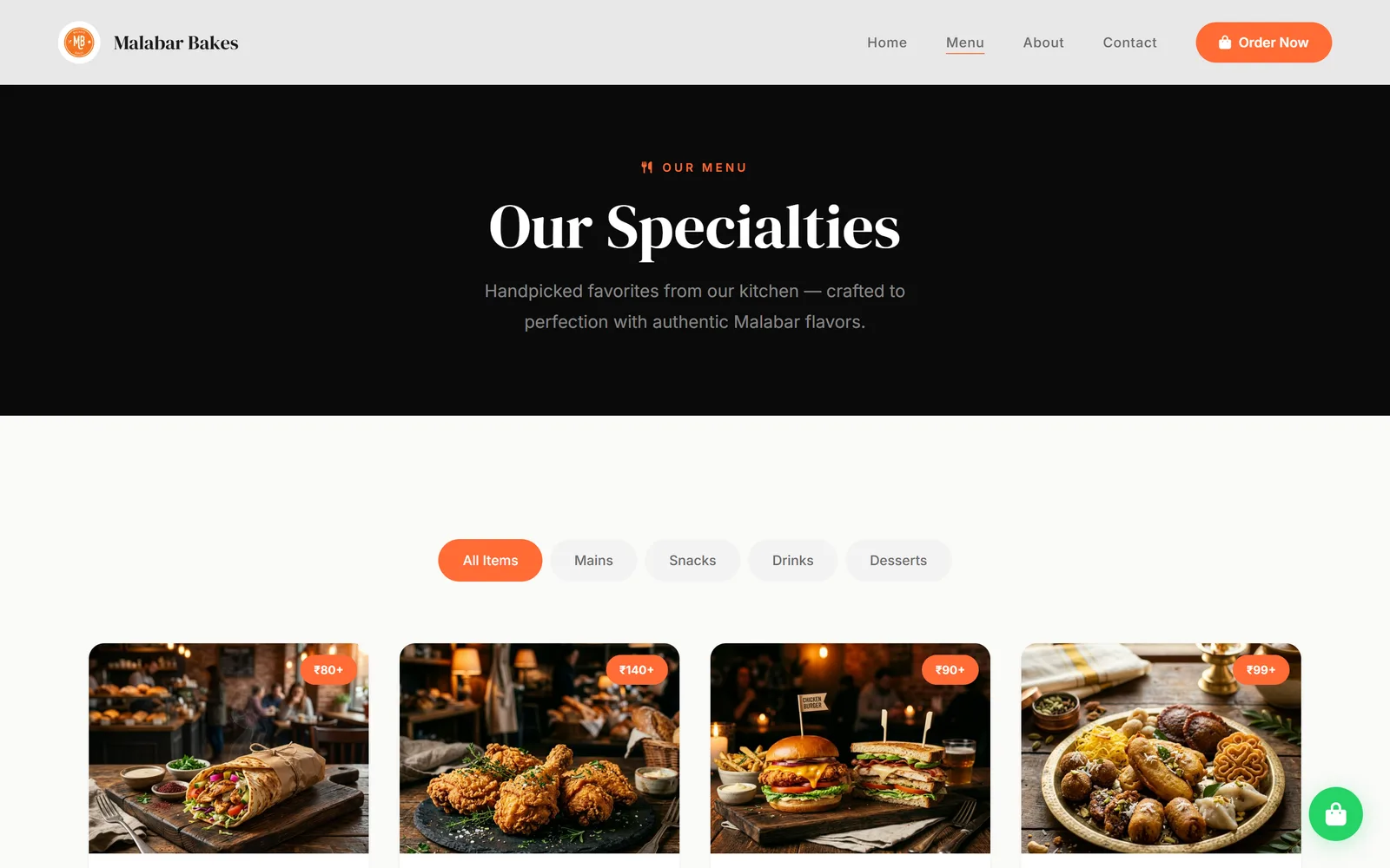 Malabar Bakes, menu page