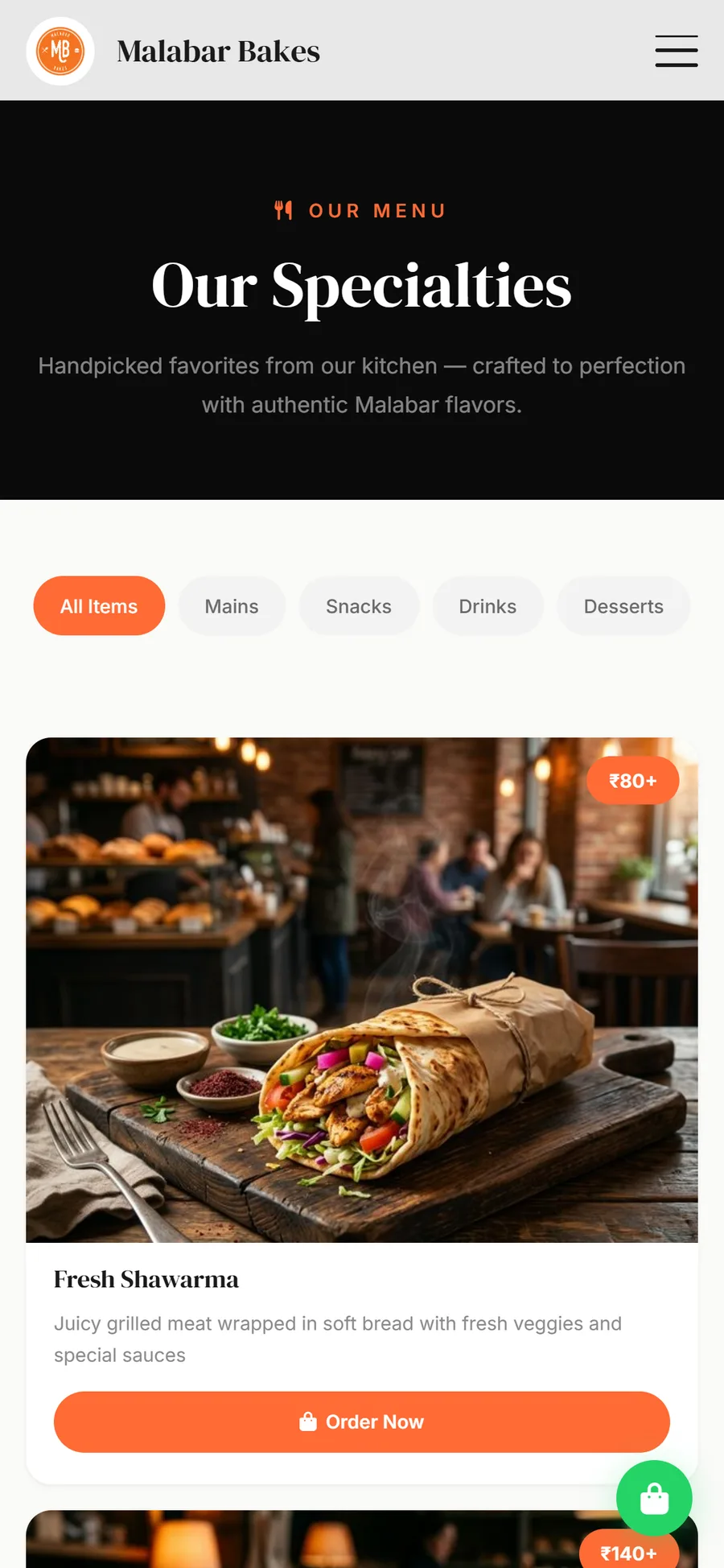 Malabar Bakes, mobile menu